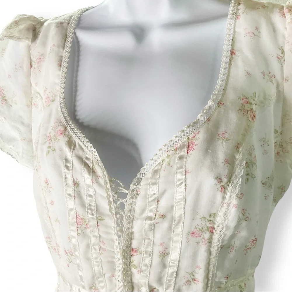 Gunne Sax Jessica Vintage Dress M Floral Chiffon Maxi Flutter Sleeve Cottagecore - Picture 4 of 15